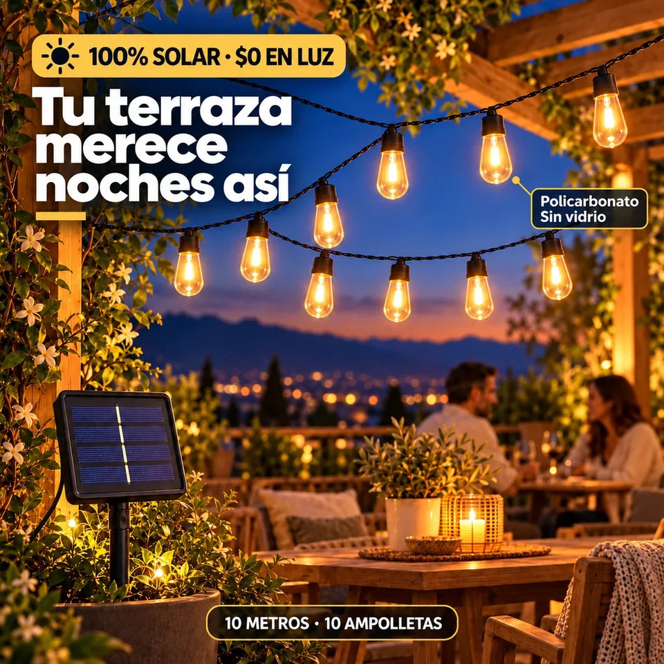 Guirnalda Solar 10 Metros: 10 ampolletas LED cálidas, carga solar y encendido automático