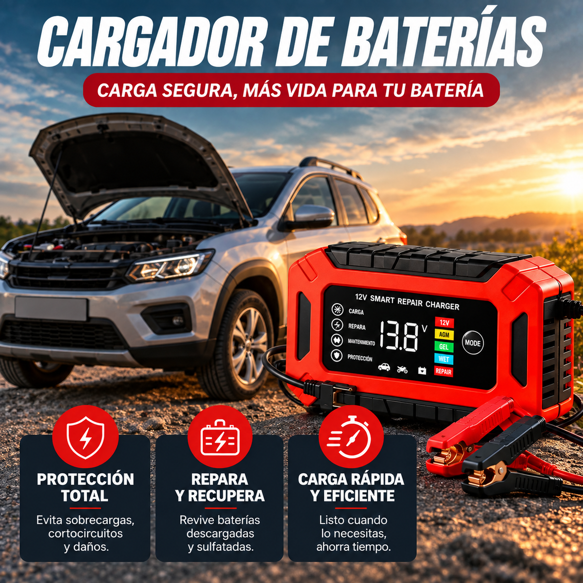 Cargador Inteligente de Baterías 12V PowerSafe™ – Carga, Repara y Protege